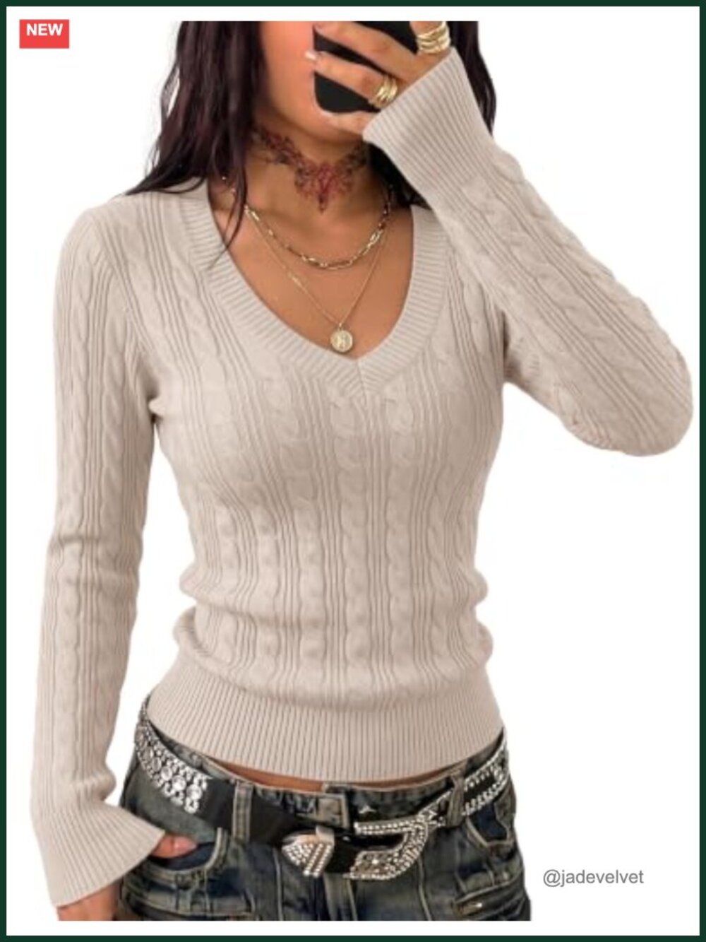 Women's Cable Knit V-Neck Long Sleeve Slim Fit Pullover Sweater